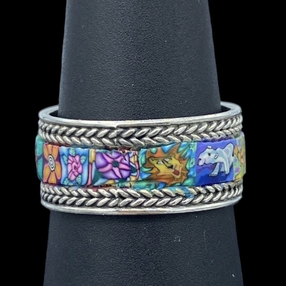 Vintage Size 8 Enamel Millefiori and 925 Sterling Silver Ring - Picture 2 of 5